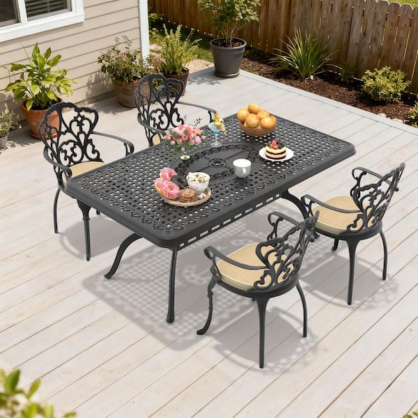 Black 5-Piece Aluminum Patio Outdoor Dining Set with 4 Chairs, Rectangular Table, Umbrella Hole and Off-White Cushions