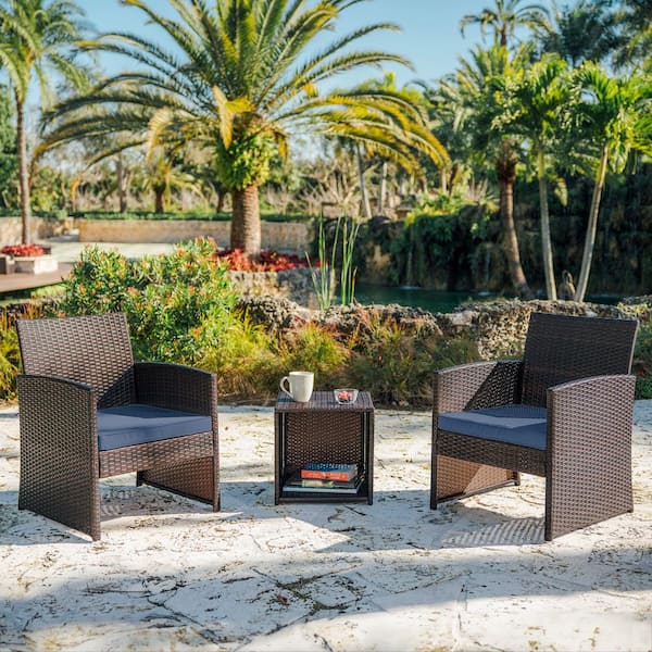 HEARTH & HARBOR 3-Piece Brown Patio Outdoor Furniture Wicker Conversation Set with Navy Cushions
