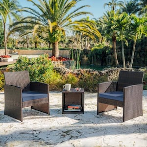 3-Piece Brown Patio Outdoor Furniture Wicker Conversation Set with Navy Cushions