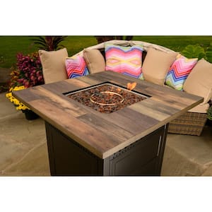 DualHeat 38 in. W x 30 in. H Outdoor Square Steel LP Gas Bronze Fire Pit Heater with Push Ignition HideAway Cover