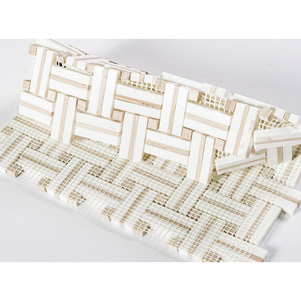 Jacard White and Tan Natural Stone Basketweave Mosaic Tile