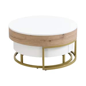 Luxury 31.5 in. White and Natural Round MDF Coffee Table with Lift Top and 2 Drawers