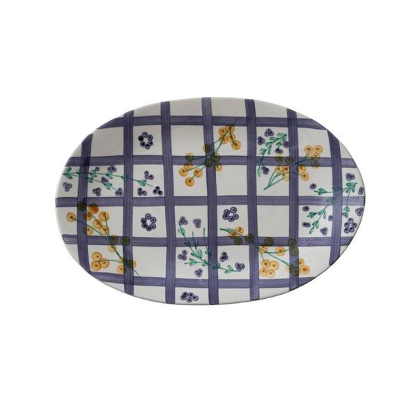 11.3 in. Blue Multi-Colored Hand-Painted Stoneware Oval Platters with Grid Pattern and Botanical Design