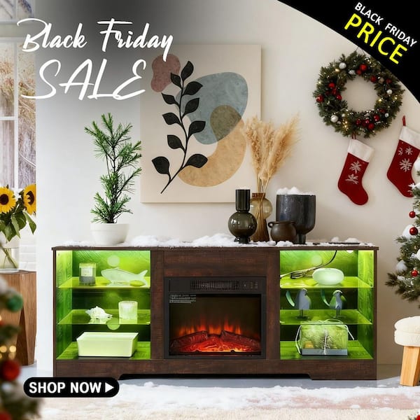 SUNRINX 58 in. W Freestanding Wooden with LED Lights and USB Charging Outlet 3D Electric Fireplace TV Stand in Espresso