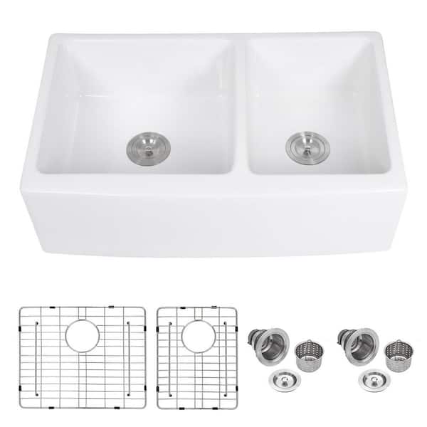 33 in. Farmhouse/Apron Sink Double Bowl 60/40 White Fireclay Kitchen Sink with Bottom Grid and Drain Assembly
