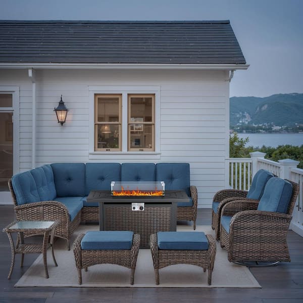 Carlos 8-Piece Wicker Outdoor Patio Fire Pit Conversation Modular Sofa Set with Swivel Rocking Chairs and Blue Cushions