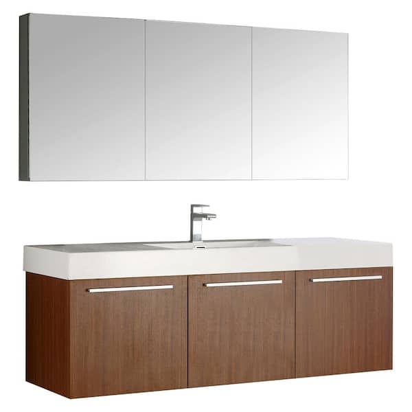 Fresca Vista 59 in. Vanity in Teak with Acrylic Vanity Top in White with White Basin and Mirrored Medicine Cabinet