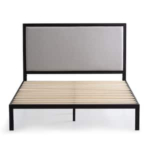 Mara Gray Stone Metal Frame Full Platform Bed with Upholstered Headboard