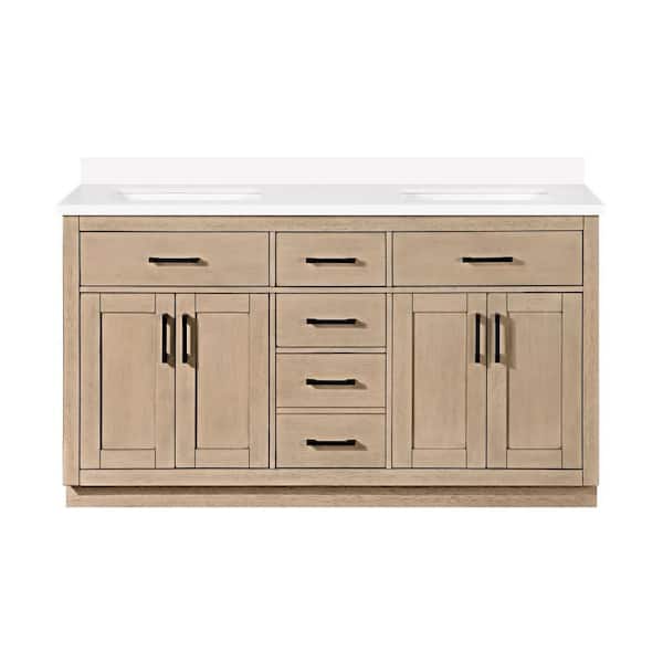 Bailey 60 in. Double Sink Sahara Birch Bath Vanity with White Quartz Top and Integrated Power Outlet (Assembled)