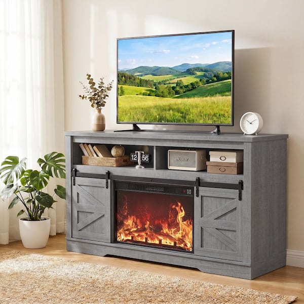 LACOO White/Walnut/Gray TV Stand Entertainment Center Fits TVs up