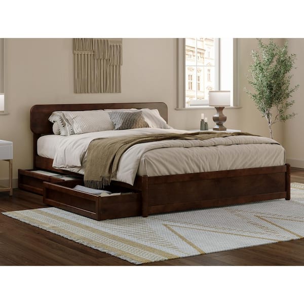 AFI Capri Walnut Brown Solid Wood Frame Queen Platform Bed with Panel Footboard and Storage Drawers