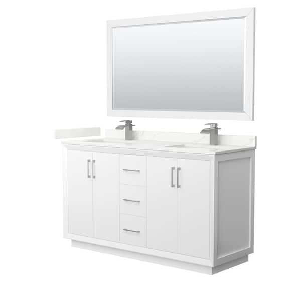 Wyndham Collection Strada 60 in. W x 22 in. D x 35 in. H Double Bath Vanity in White with Giotto Quartz Top and 58 in. Mirror