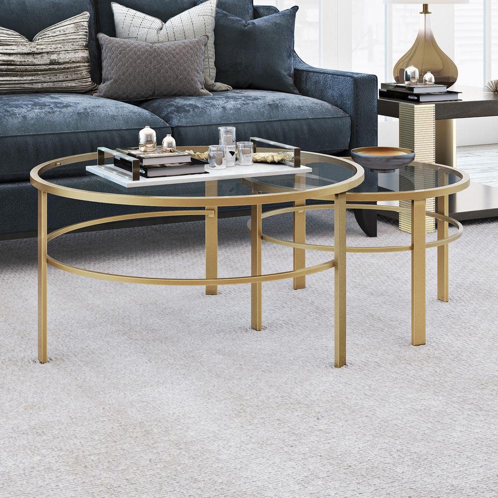 Gaia Brass Round Nesting Coffee Table Set with Tempered Glass Tops