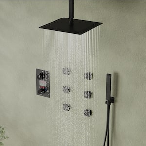 Knobs 3-Spray 12 in. Thermostatic Rain Dual Shower Head Fixed and Handheld Shower Head in Matte Black 2.5 GPM