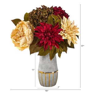 17 in. Peony, Hydrangea and Dahlia Artificial Arrangement in Stoneware Vase with Gold Trimming