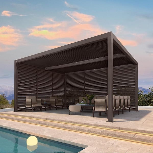 PURPLE LEAF 12 ft. x 16 ft. Bronze Aluminum Louvered Pergola with 2 Individual Sunshade Roofs and 1-Long 1-Short Side Shutter Wall