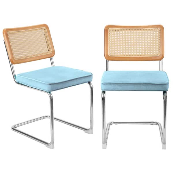 JOYSIDE Upholstered Rattan Outdoor Dining Side Chairs with Cane Backrest, Chromed Metal Frame and Sky Blue Cushion (Set of 2)