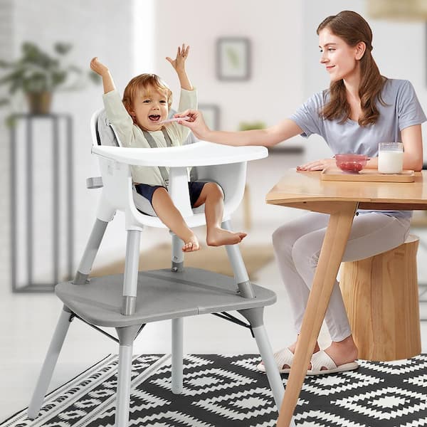 4 in 1-Baby Highchair Gray Plastic Convertible Toddler Table Chair Set with PU Cushion