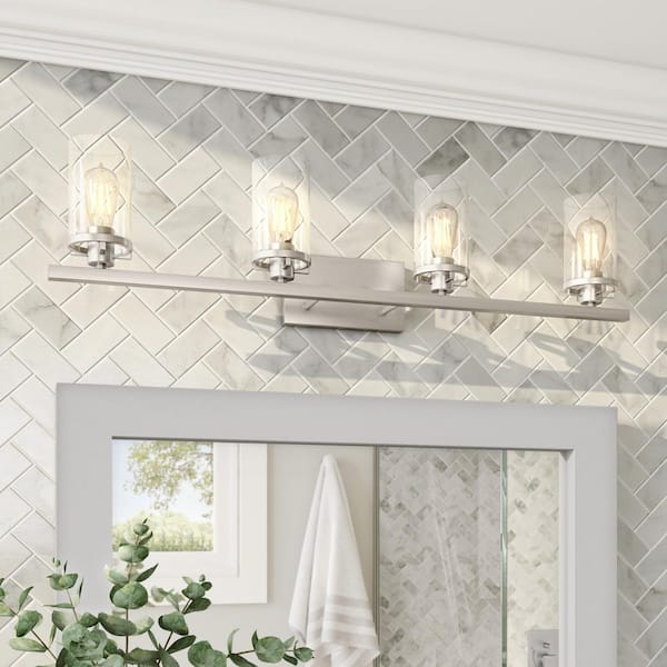 Jedrek 33.75 in. 4-Light Brushed Nickel Industrial Vanity Light with Clear Glass Shades