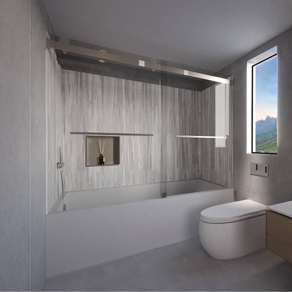 NuVo Driftwood-Tetherow 60 in. L x 30 in. W x 83 in. H Rectangular Tub/ Shower Combo Unit in Brushed Nickel Left Drain