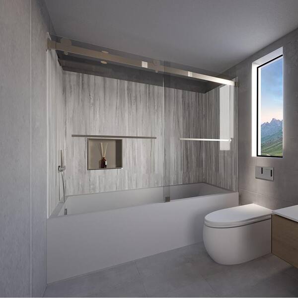 NuVo Driftwood-Tetherow 60 in. L x 32 in. W x 83 in. H Rectangular Tub/ Shower Combo Unit in Brushed Nickel Left Drain