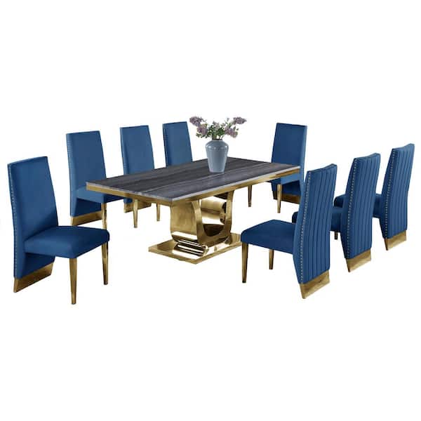 Best Quality Furniture Rogelio 9-Piece Dark Gray Marble Top with Gold Stainless Steel Base with 8 Navy Blue Velvet Chair w/Gold Legs.