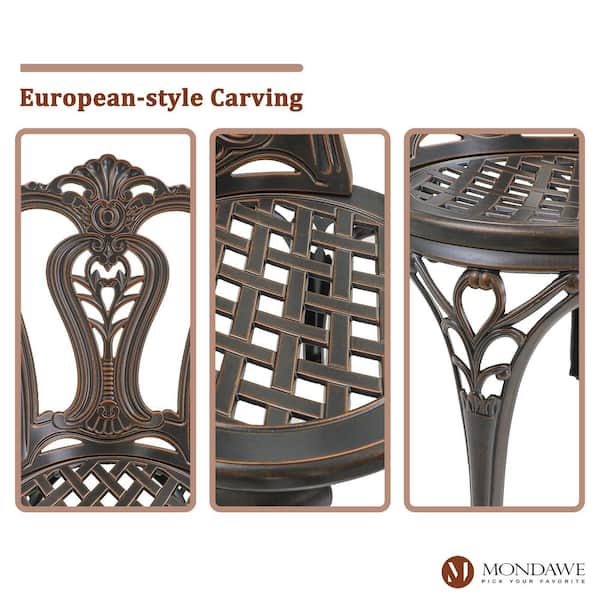 2-Piece Antique Bronze European Carving Cast Aluminum Outdoor Armless Bistro Chair for Yard