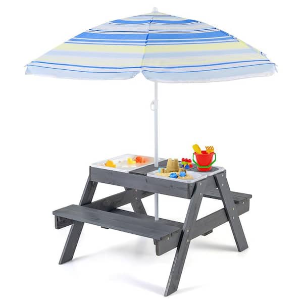 Gymax 4-in-1 Kids Picnic Table Set with 3 Removable Bins and Lids Foldable Umbrella