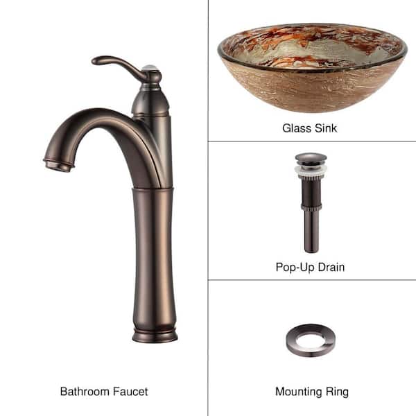 KRAUS Ares Glass Vessel Sink in Gold with Riviera Faucet in Oil Rubbed Bronze