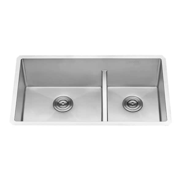 Urbana 33 in. Undermount 60/40 Double Bowl 16-Gauge Stainless Steel Kitchen Sink with Rounded Corners and Low Divide