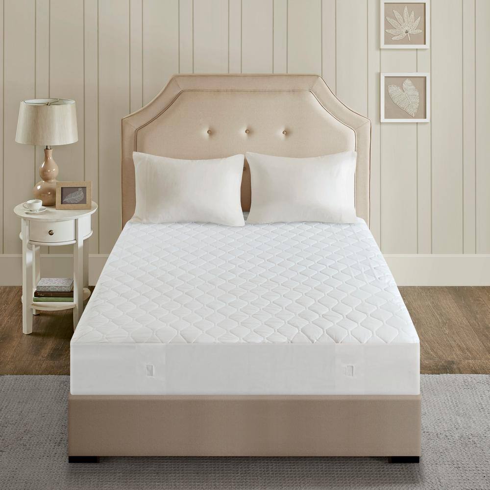 Queen White Cotton Blend Heated Mattress Pad with Quilted Top