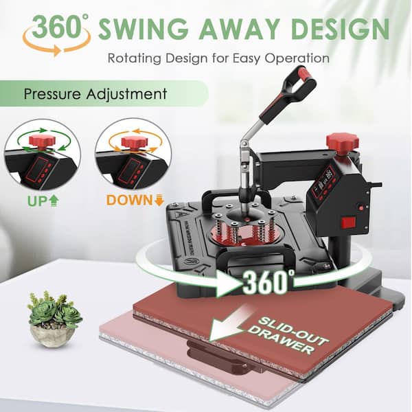 5 in 1 Heat Press Machine 12x15 inch Digital Tshirt Press Machine 360-Degree Swing Away - Black