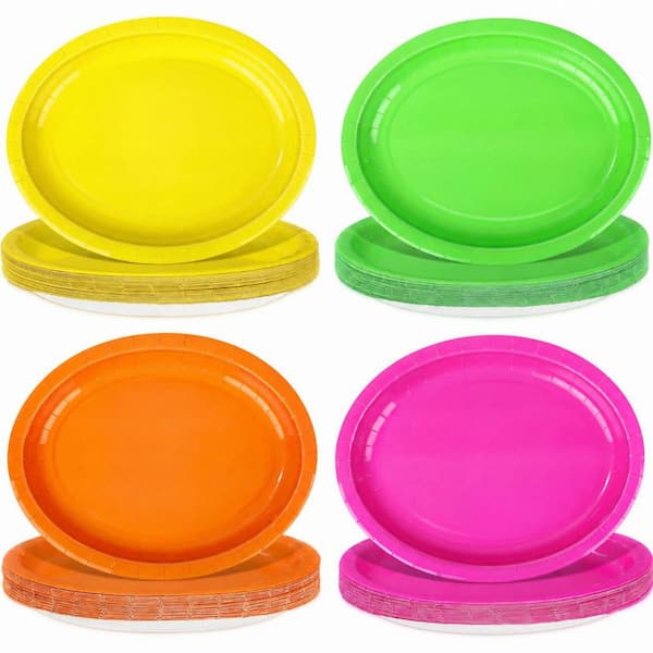 100-Pack Neon Heavy Duty Disposable Oval Paper Plates 9 x 11 in Colorful Dessert Platters for Parties