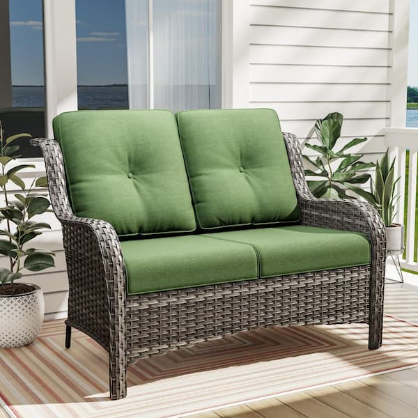 Wicker Outdoor Loveseat Patio Couch with Green Cushions