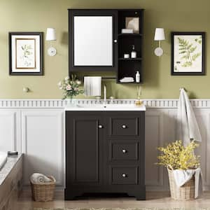 30 in. W Freestanding Bath Vanity in Black with White ceramic basin Top,3 drawers, adjustable shelves and Mirror cabinet