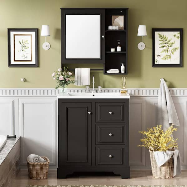 30 in. W Freestanding Bath Vanity in Black with White ceramic basin Top,3 drawers, adjustable shelves and Mirror cabinet