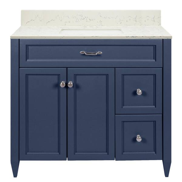 Ella Vail 37 in. W x 22 in. D x 36 in. H Bath Vanity in Navy Blue with Quartz Stone Lyra White Top with White Basin