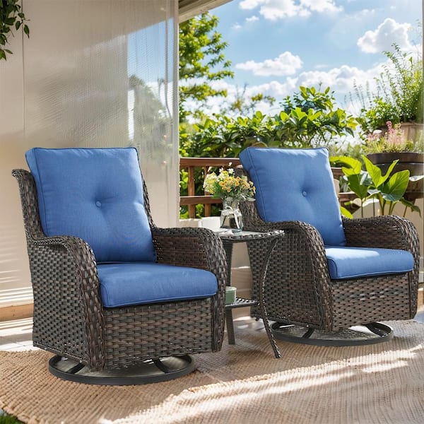 Carolina Brown Wicker 3-Piece Patio Conversation Deep Seating Set with Olefin Blue Cushions