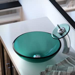Glass Vessel Sink in Emerald with Waterfall Faucet and Pop-Up Drain in Chrome