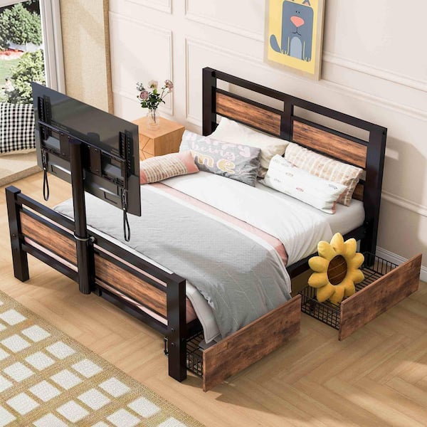 Polibi Black Metal Frame Twin Size Platform Bed with MDF Headboard and Footboard
