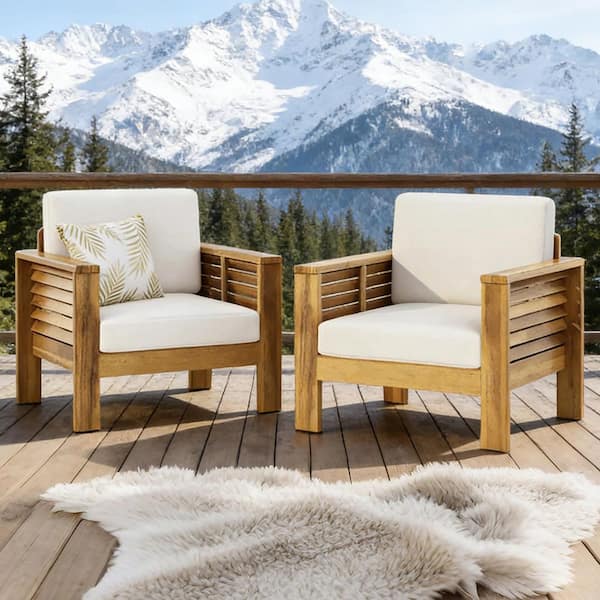 Coporesell Brown Acacia Wood Outdoor Lounge Chair with Beige Cushions (2-Pack)