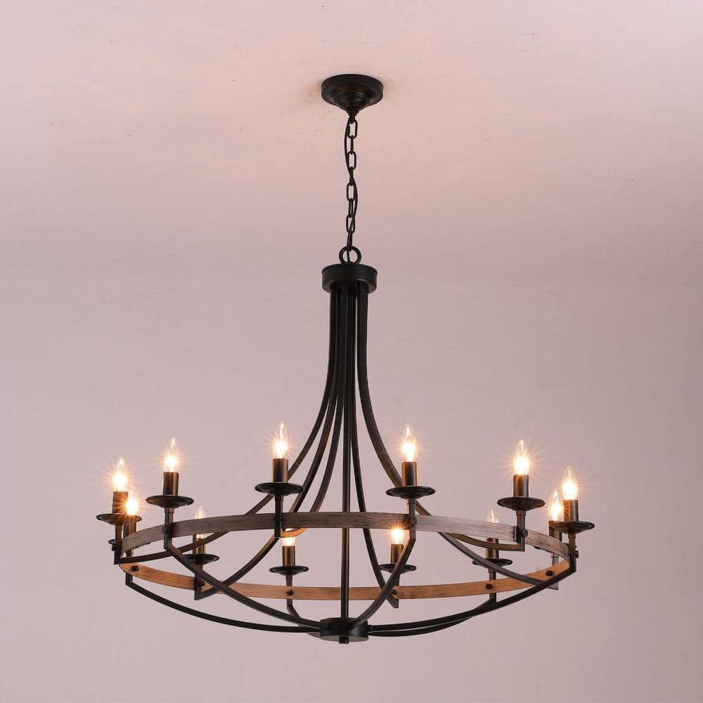 41 in. 12-Light Black Farmhouse Candle Style Dimmable Wagon Wheel Chandelier for Dining Room and Living Room price history on PriceWatchPro
