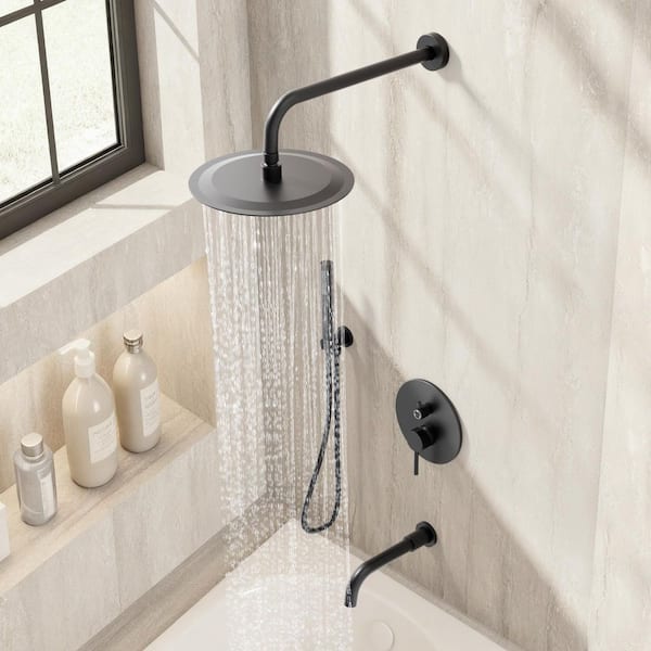 Double Handles 3-Spray 10 in. Wall Mount Shower Head Tub and Shower Faucet in Matte Black (Valve Included)