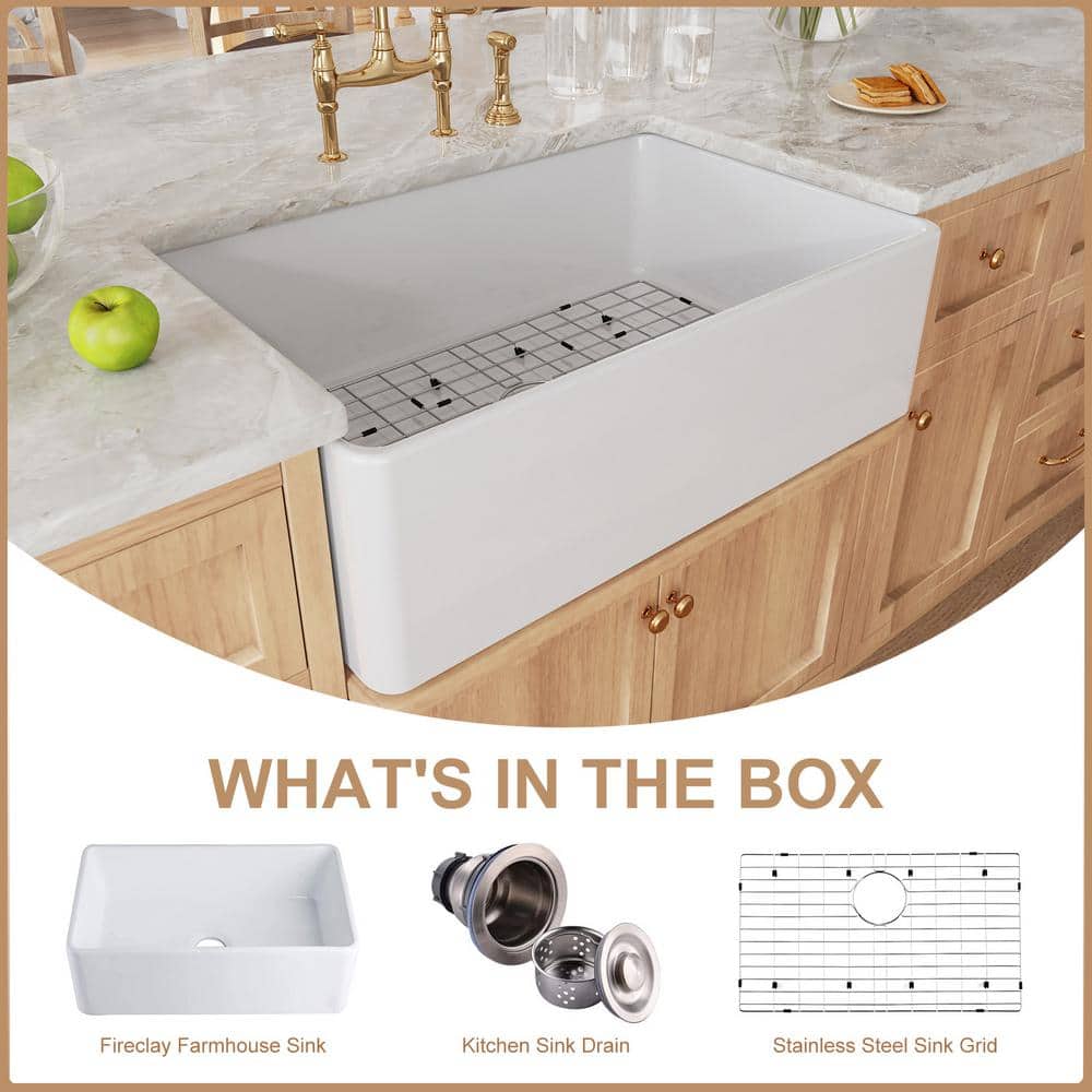 Hadley 30" White Fireclay Farmhouse Kitchen Sink with Accessories