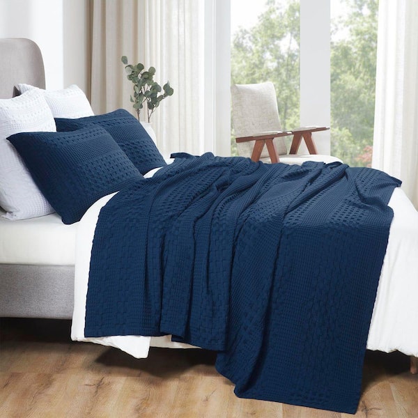 Waffle Weave Navy Blue 100% Cotton Queen Blanket