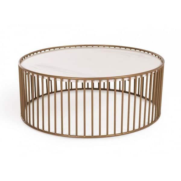 Benjara 37 in. Gold and in. White Round Marble Top Coffee Table
