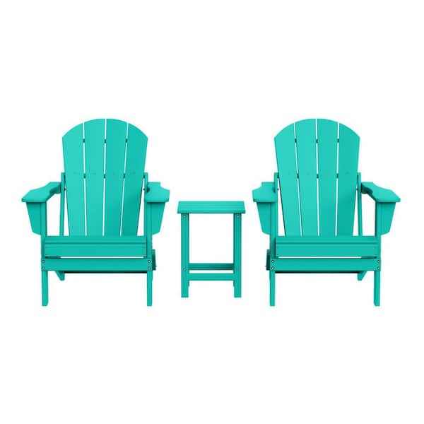 Laguna 3-Piece Fade Resistant Outdoor Patio HDPE Poly Plastic Folding Adirondack Chair Set with Side Table in Turquoise