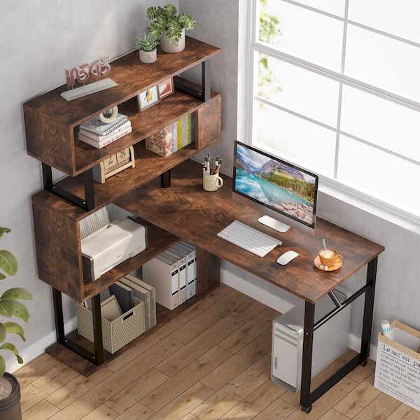 Reversible Computer Desk w/ 5 Shelves, Rolling L-Shaped Corner Desk Office  Desk