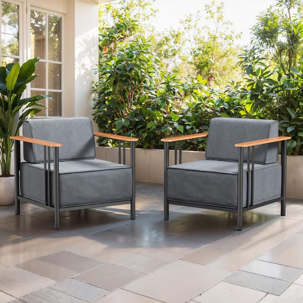 Puffin Black Metal Outdoor Lounge Chairs with 10 in. Olefin Dark Gray Cushions (2-Pack)