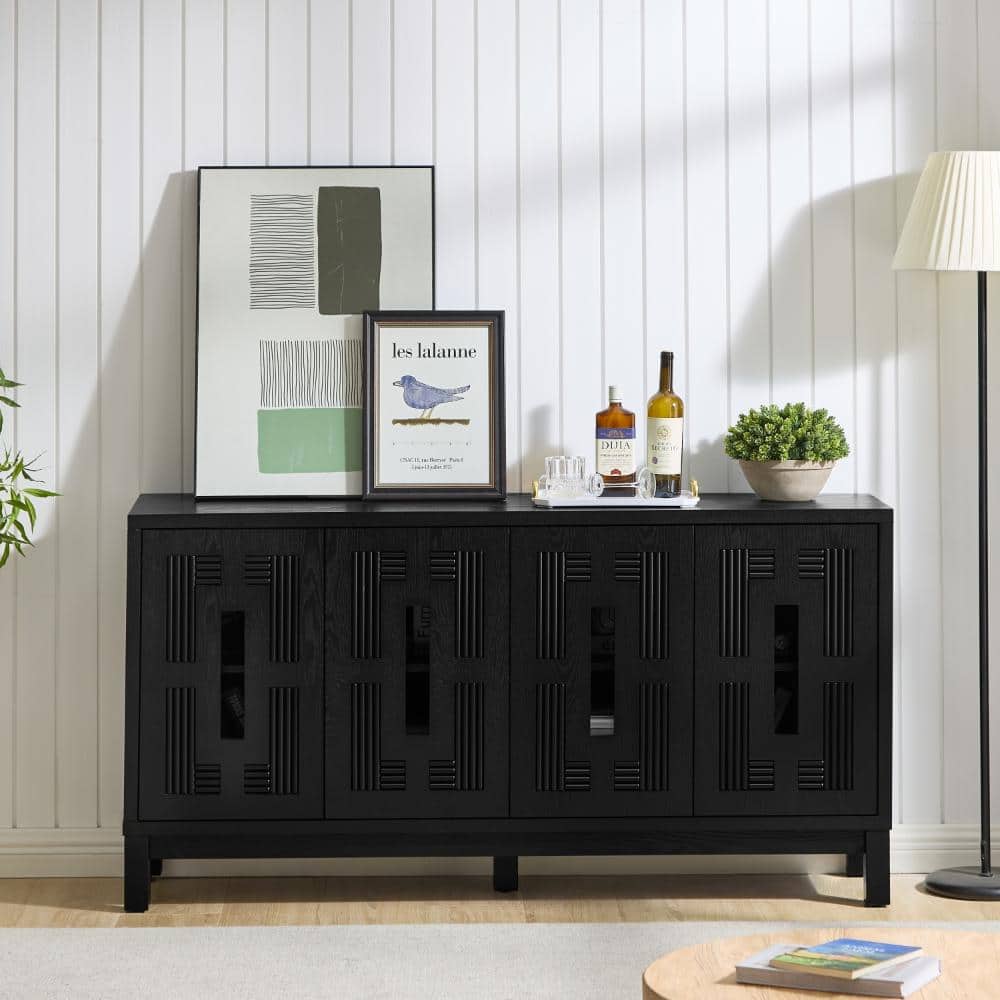 60.7" Mid-Century Sideboard with 4 Doors, Carved Openwork Design, Adjustable Shelves, TV Media Console Black